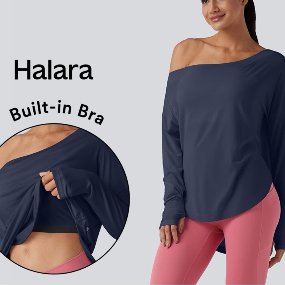 HALARA Women's Navy Long Sleeve Off-Shoulder Top